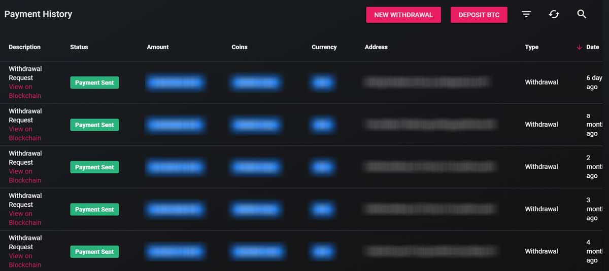 Cointiply payment proof with five payment history entries marked Payment Sent
