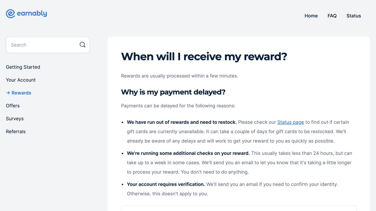 Earnably reward help page explaining normal processing and possible delays