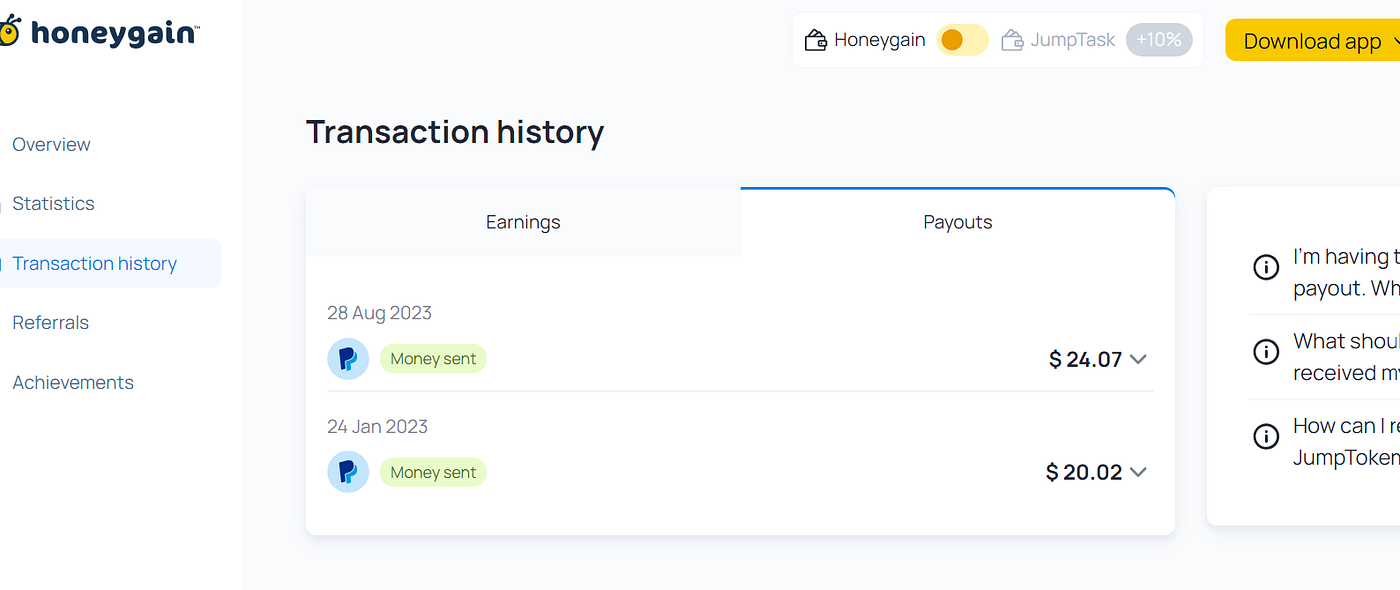 Public Honeygain payment proof showing two completed PayPal payouts