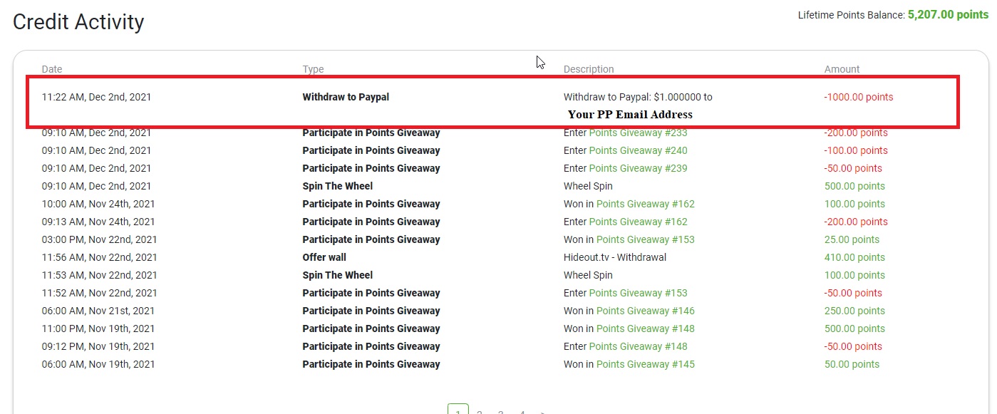 Actividad de crédito LootUp que muestra un retiro PayPal de un dólar por mil puntos