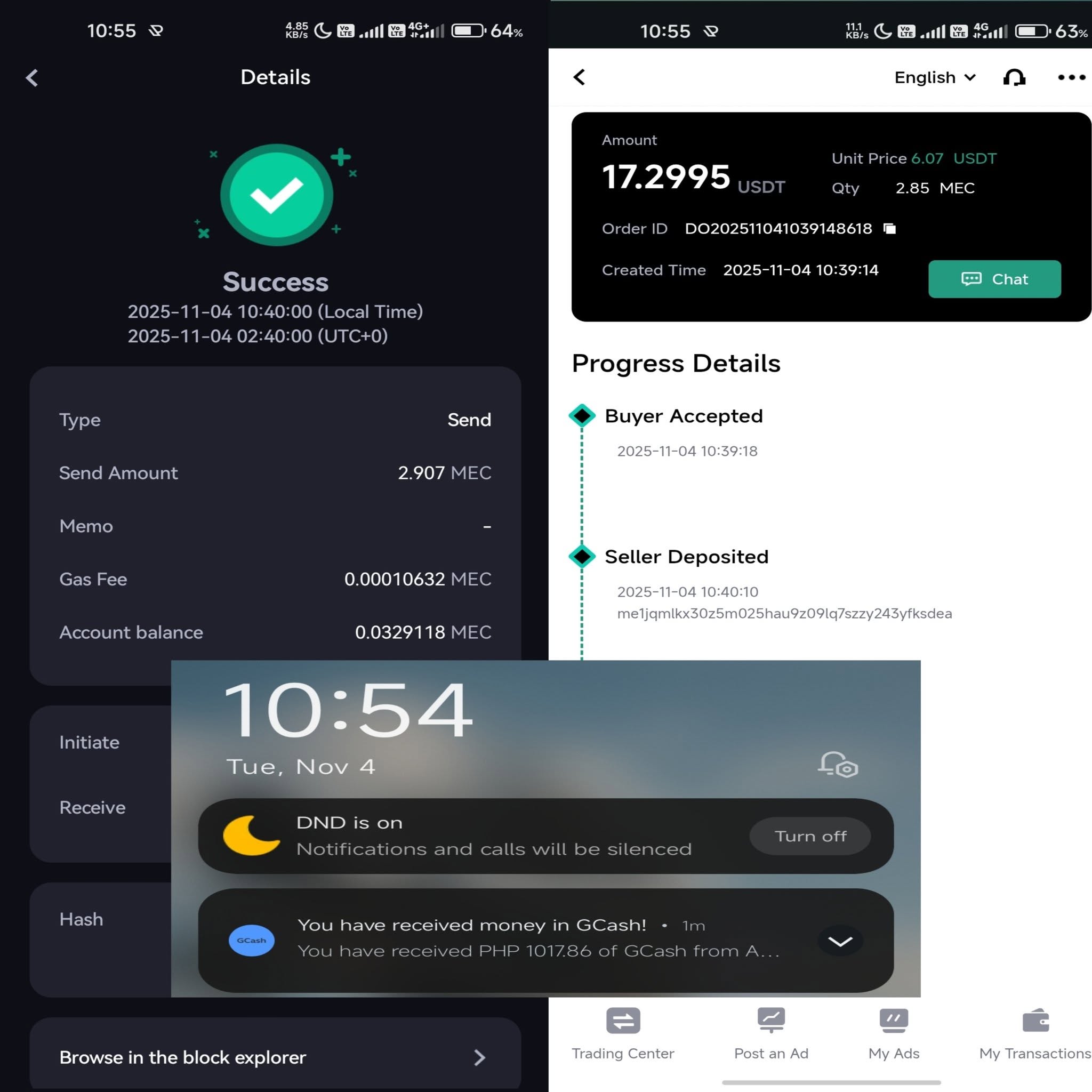 User payment proof showing a MEC to GCash P2P exchange