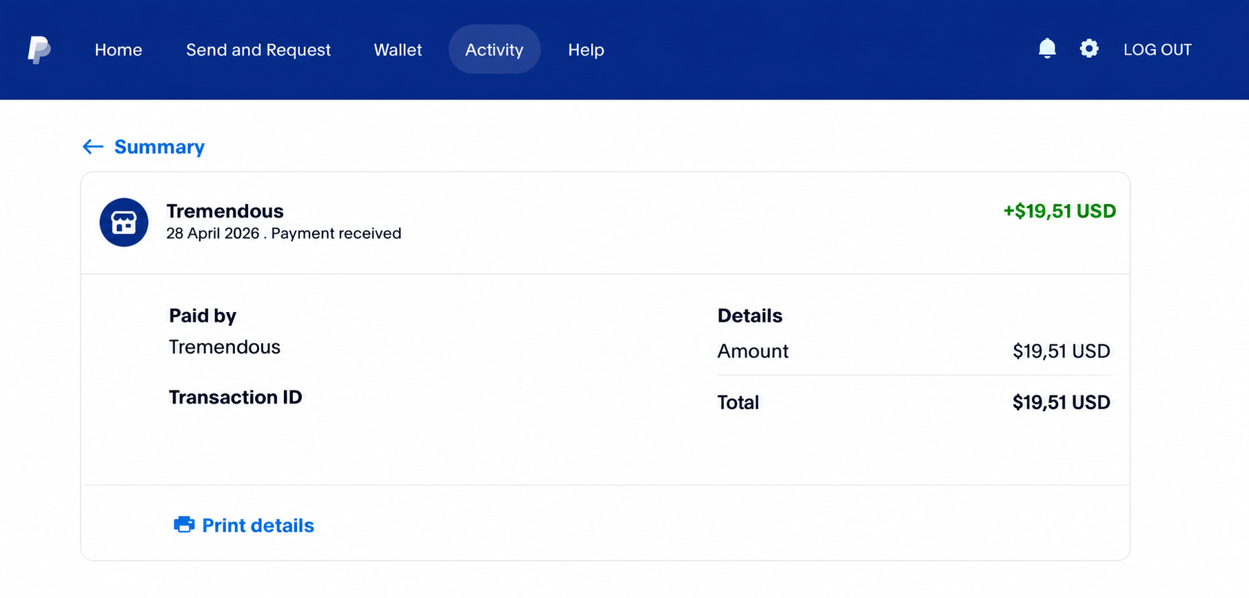 Public Pawns.app PayPal payment proof showing a received nineteen dollar and fifty one cent payment