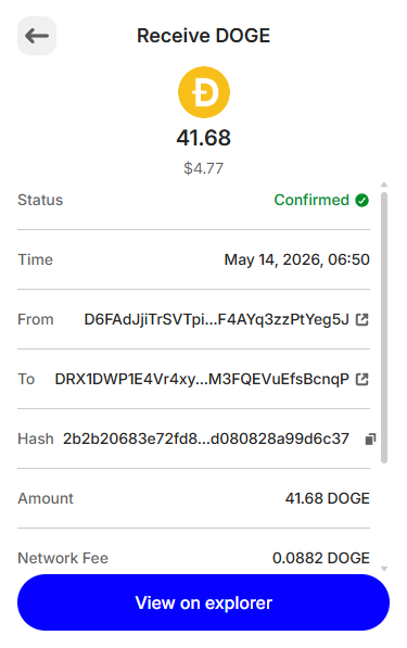 Public RewardJoy payment proof showing a confirmed 41.68 DOGE transfer in Trust Wallet