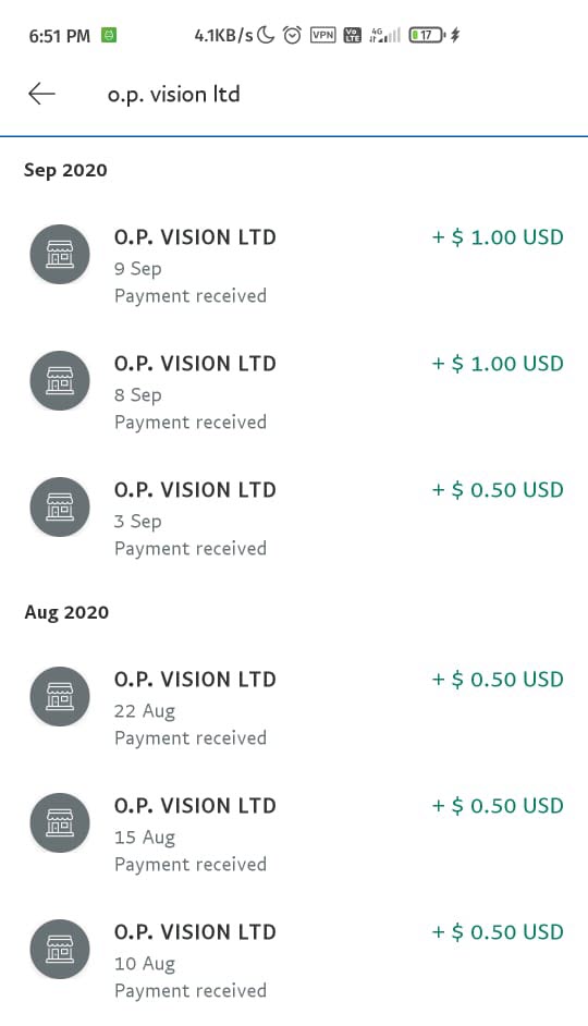 Historic Surveytime PayPal payment proof showing multiple payments from O.P. Vision Ltd