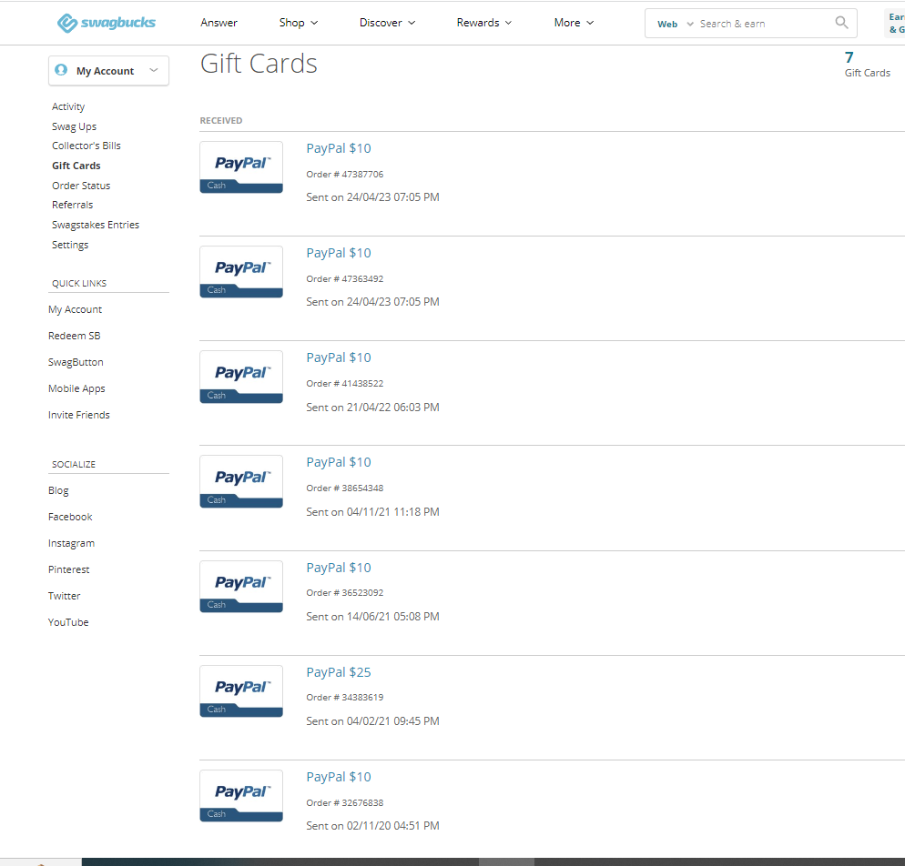 Public Swagbucks reward history showing completed ten dollar PayPal redemptions in April 2023