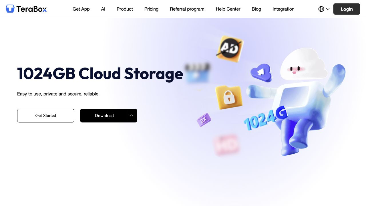 Official TeraBox page showing 1024GB cloud storage