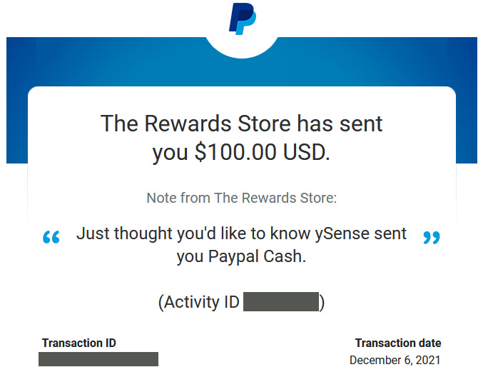 Public ySense PayPal payment proof showing a received one hundred dollar payment